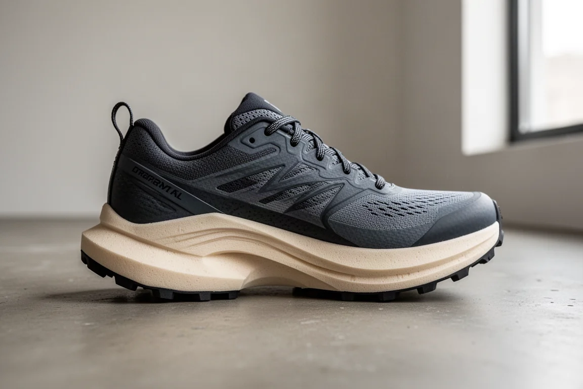 Trail shoe midsole close-up showing deep stack and forefoot rocker