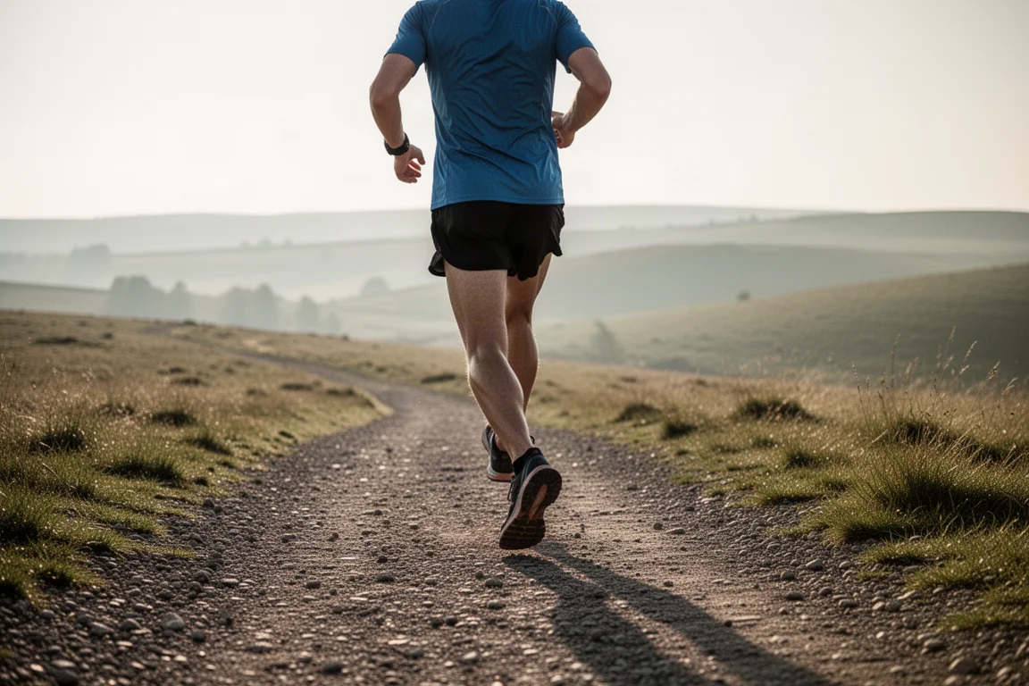 Runner clipping along on hard-packed trail in soft daylight
