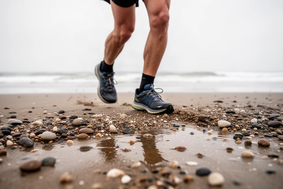 Runner crossing a pebbly beach section with small stones