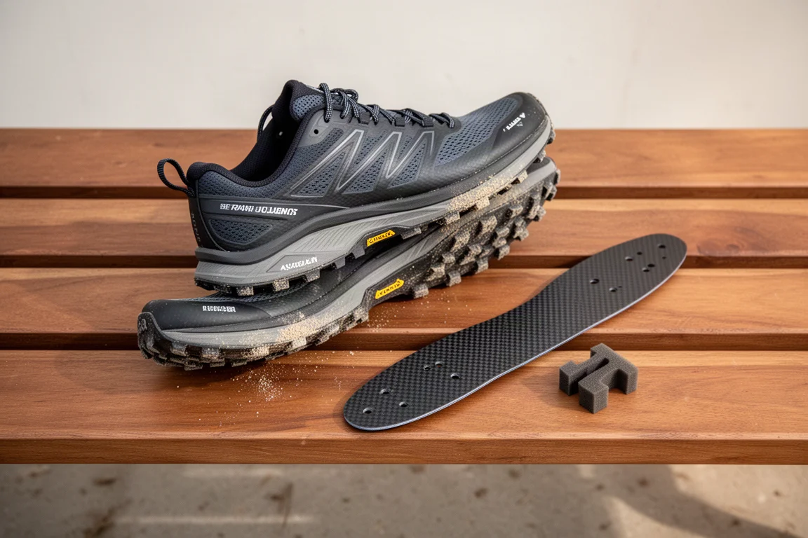 Shoe and carbon plate laid on a wooden bench after a run