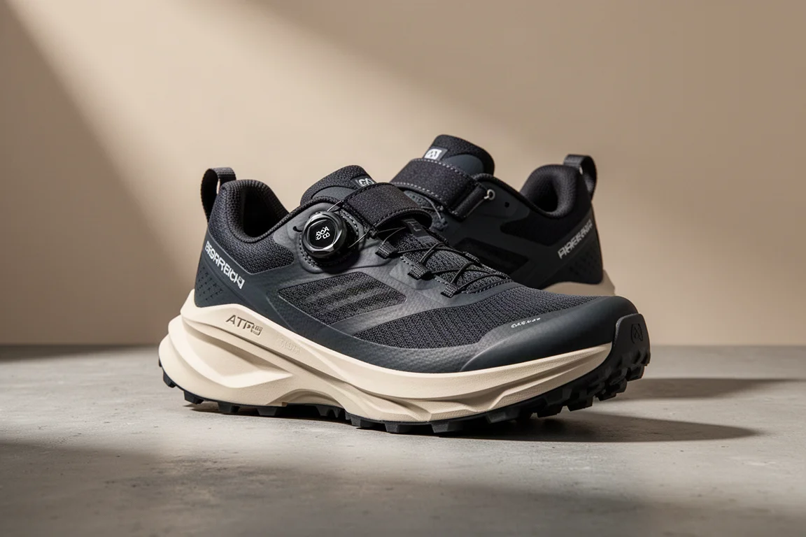Trail-Laufschuh mit hohem Stack, BOA-Drehknopf und Rocker-Mittelsohle auf Beton