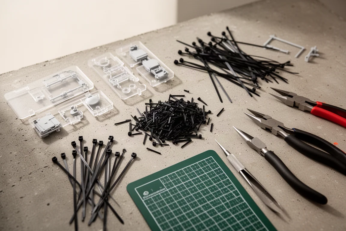 Bancada de hobby com peças de miniatura, abraçadeiras plásticas e ferramentas manuais organizadas