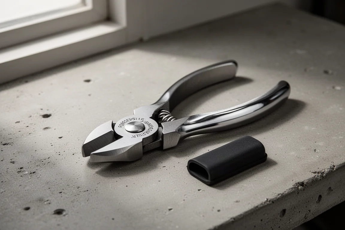 Speedwox forged steel flush cutters with protective cover on a concrete workbench