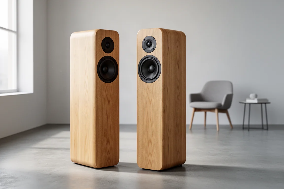 Pair of slim oak-veneer floorstanding speakers in a softly lit listening room