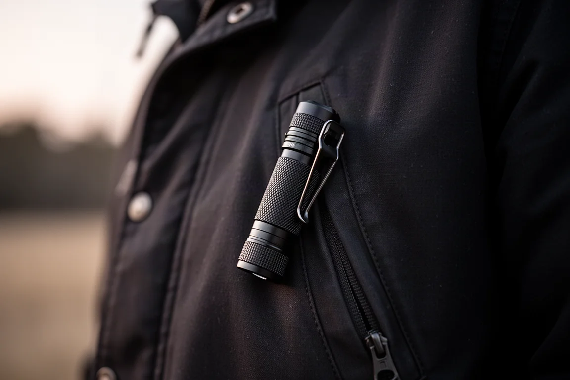 Compact black flashlight held in a jacket pocket with clip visible