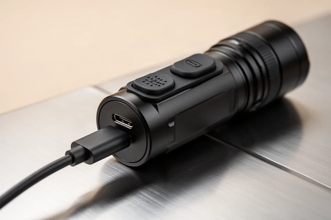 Flashlight tail switch and USB-C port shown in close-up detail