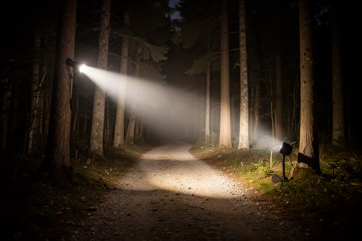 Flashlight beam cutting through darkness on a forest trail at night