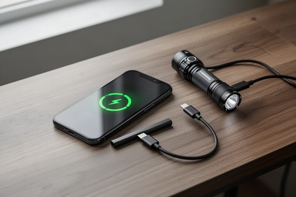 Smartphone charging via cable connected to a flashlight on a desk