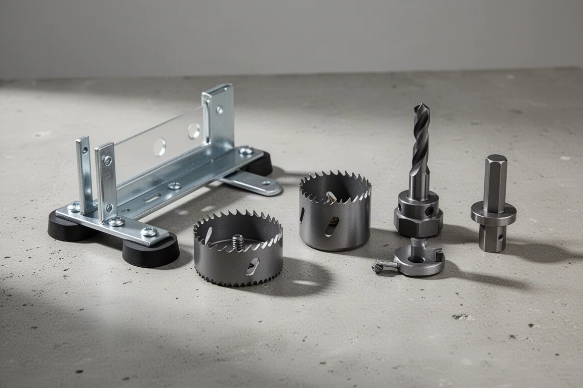 Spider door lock installation kit components arranged on a workshop surface
