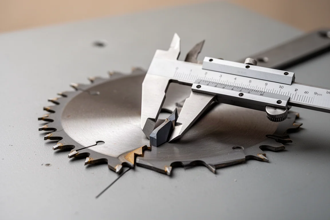 Calibre vernier midiendo el grosor de un diente de carburo de un disco de sierra circular