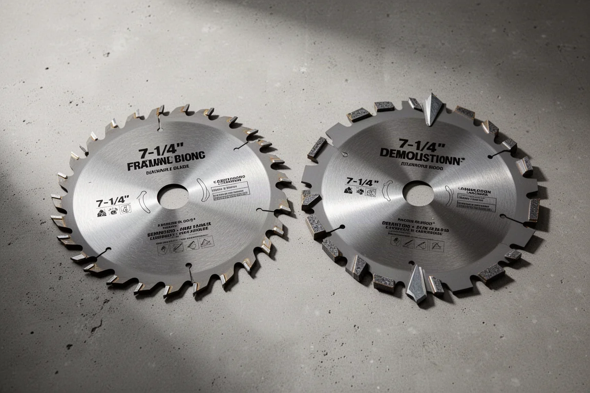 Two 7-1/4 inch circular saw blades side by side on a concrete surface
