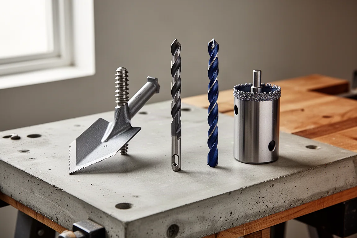 Spade bit, twist bit, and carbide hole saw arranged on a concrete workbench