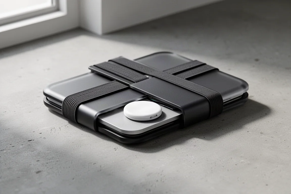 Portafoglio minimalista sottile a sandwich con un tracker bianco rotondo all'interno, su cemento