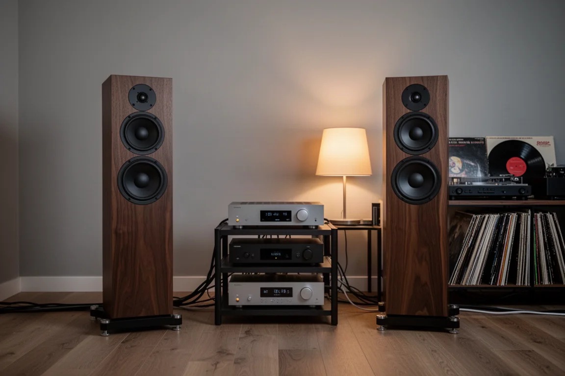 Sanft beleuchteter Hörraum mit Standlautsprechern, einem Vinylregal und einer warmen Lampe