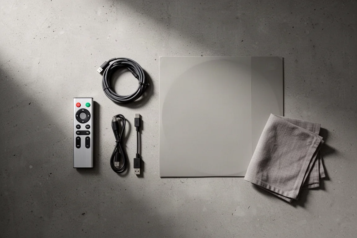 Draufsicht im Flat-Lay auf Hi-Fi-Zubehör mit Fernbedienung, Kabeln und Plattenhülle auf Beton