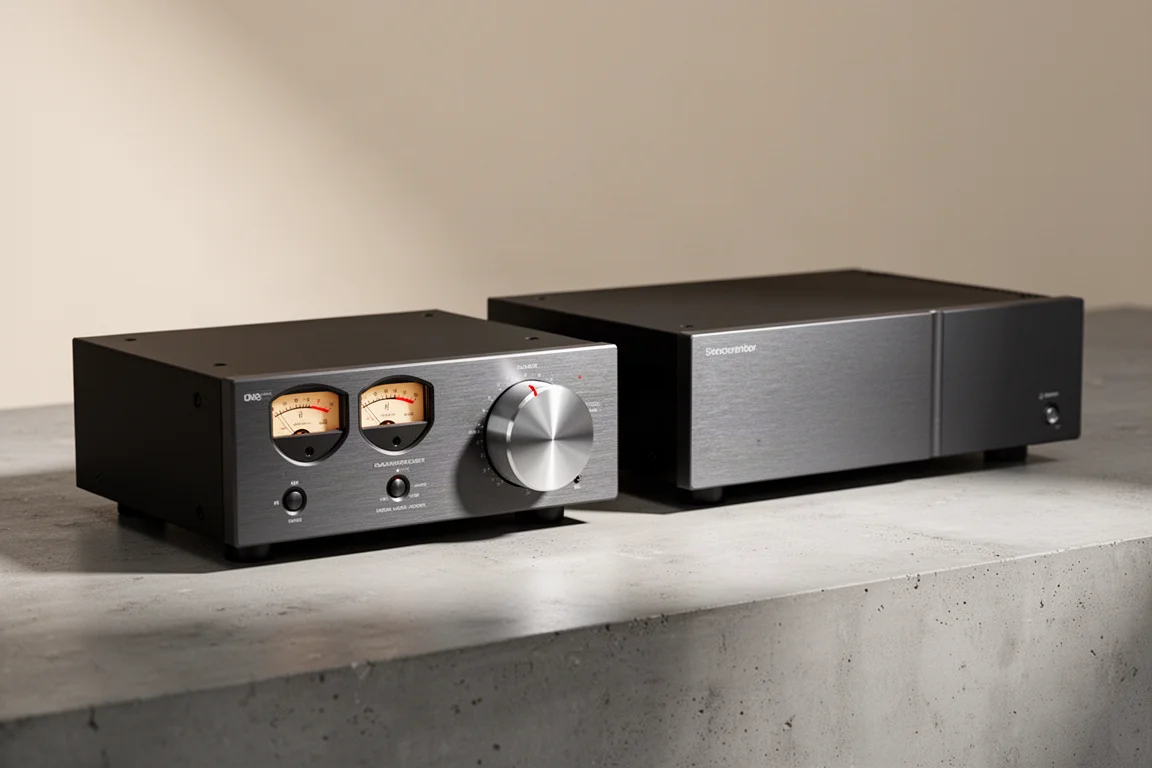 Compact SPL preamplifier with analog meters beside a matching power amplifier on concrete