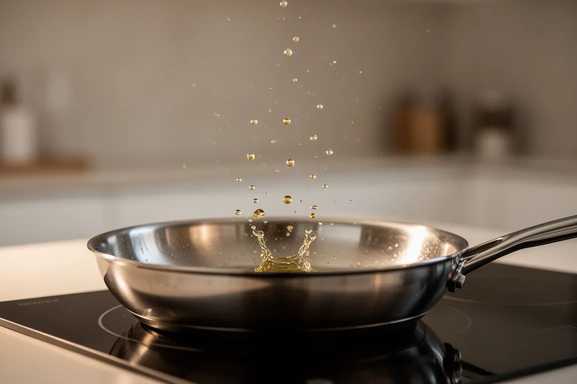 Oil droplets splattering upward from a hot frying pan on a stovetop