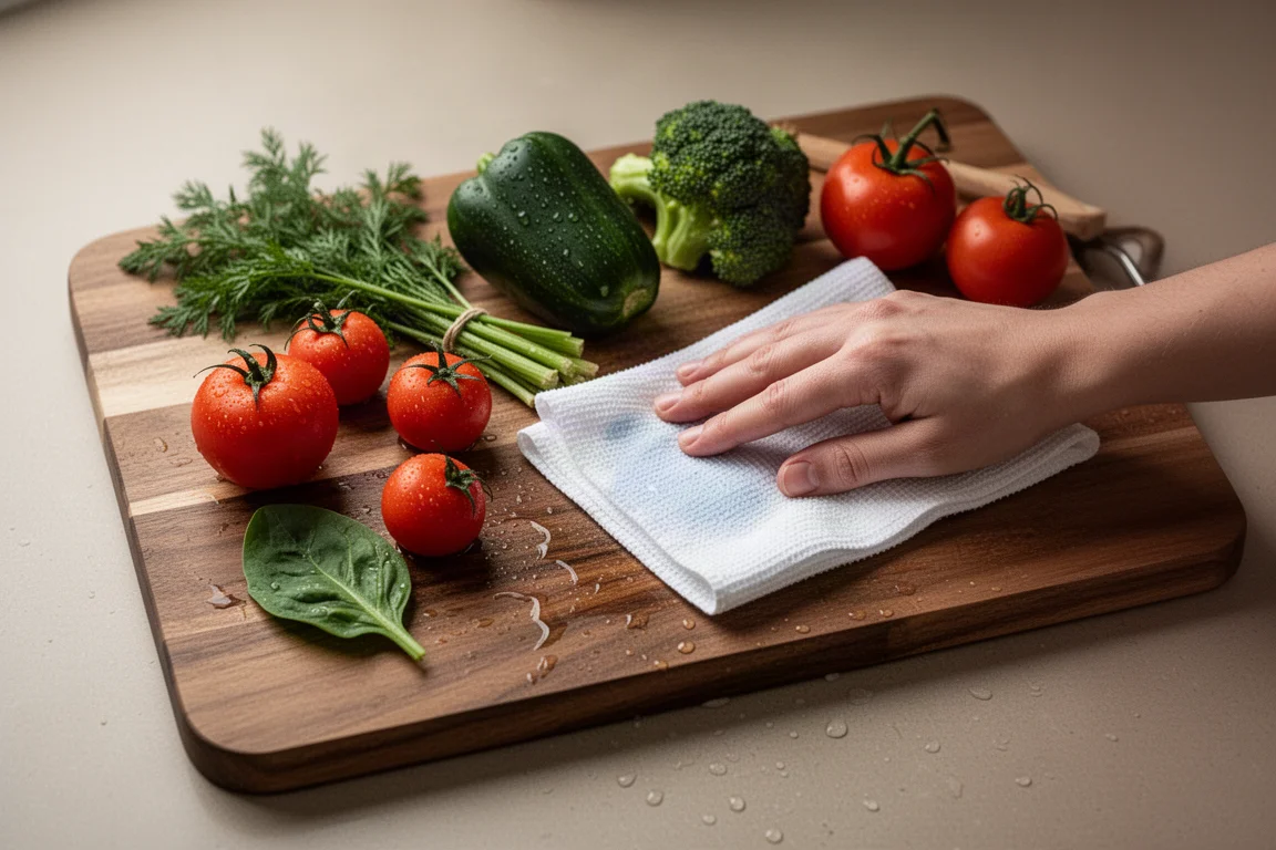Paper towel patting moisture from fresh vegetables on a wooden cutting board