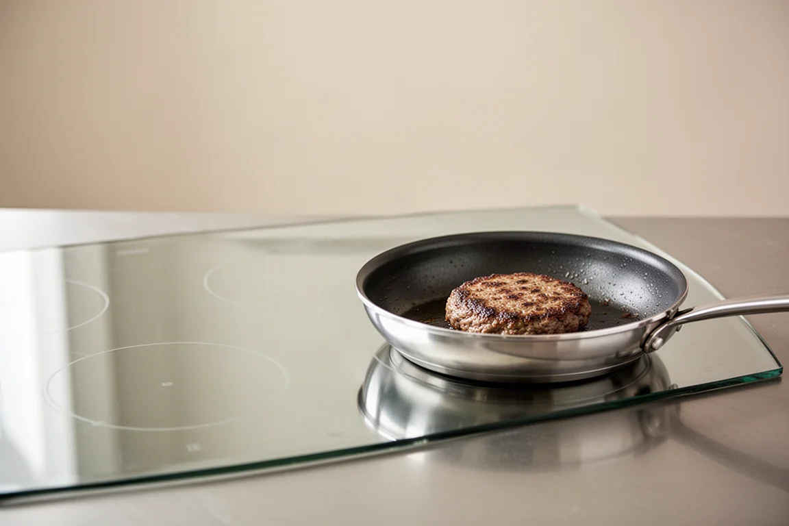 Clean stovetop next to a frying pan after cooking a burger