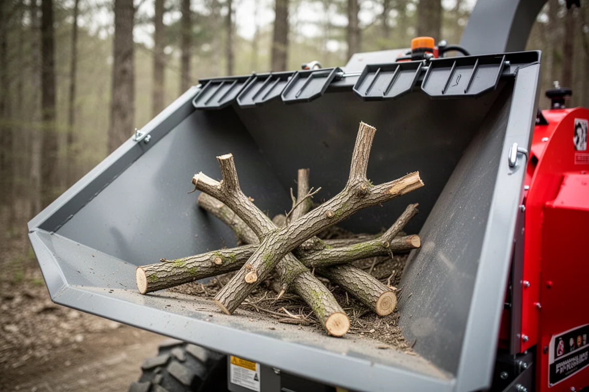 Grande goulotte d'alimentation ouverte d'un broyeur à bois PTO avec des branches noueuses prêtes à être introduites