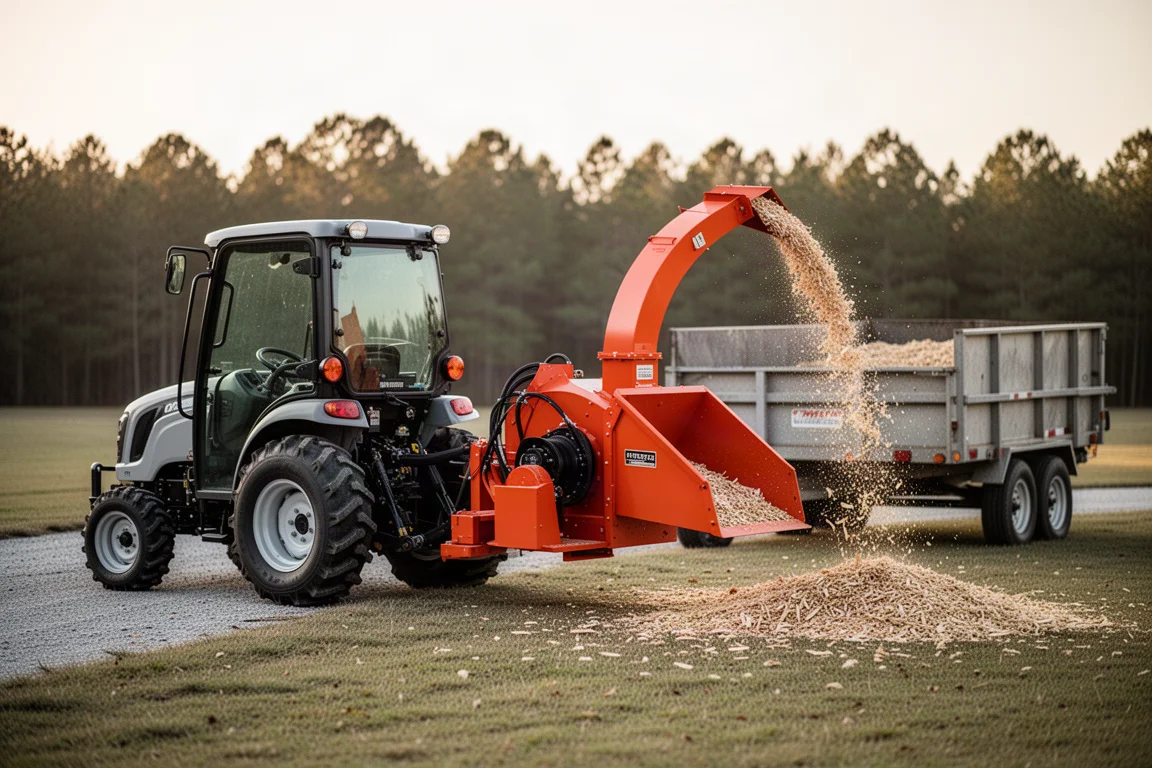 Tracteur attelé à un broyeur à bois PTO projetant les copeaux dans une remorque arrière