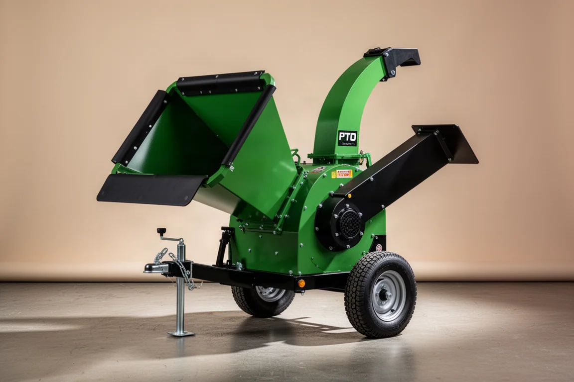 Split-Fire 403 PTO wood chipper with large infeed funnel on a concrete floor