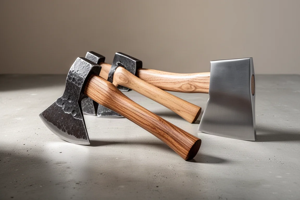 Two short-handle splitting hatchets side by side on a concrete surface