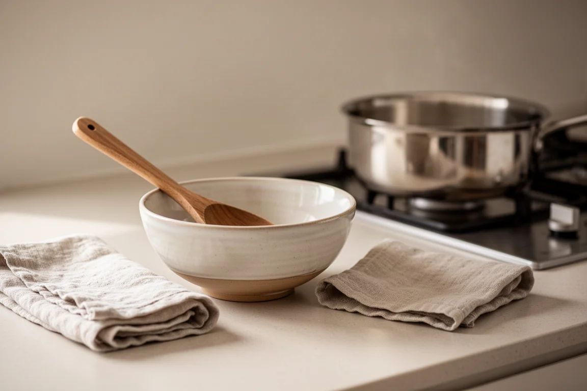 Home kitchen counter with a few well-used cooking tools arranged near a stovetop