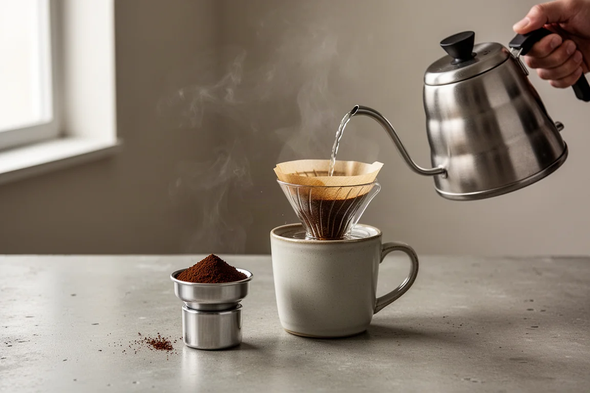 Coffee grinder and kettle set up on a clean desk beside a mug