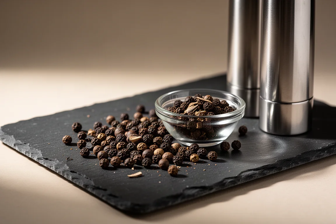 Peppercorns being ground over a dish in a close-up kitchen detail shot