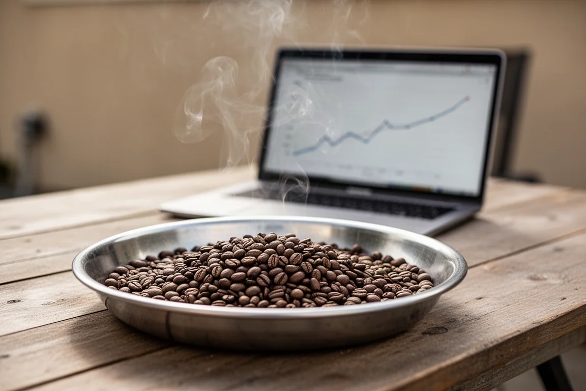 Home coffee roasting setup with beans cooling in a tray