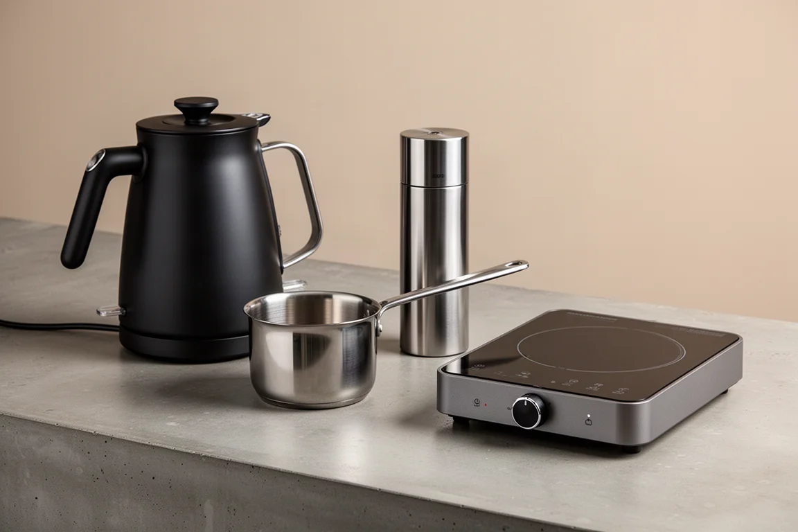 Premium kitchen tools including a kettle, saucepan, pepper grinder, and induction cooktop on concrete