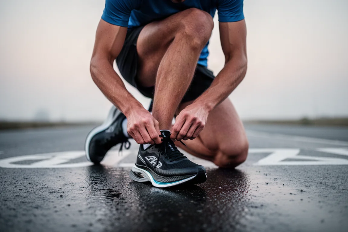 Un corridore allaccia una scarpa da gara con placca in carbonio sulla linea di partenza prima dell'alba