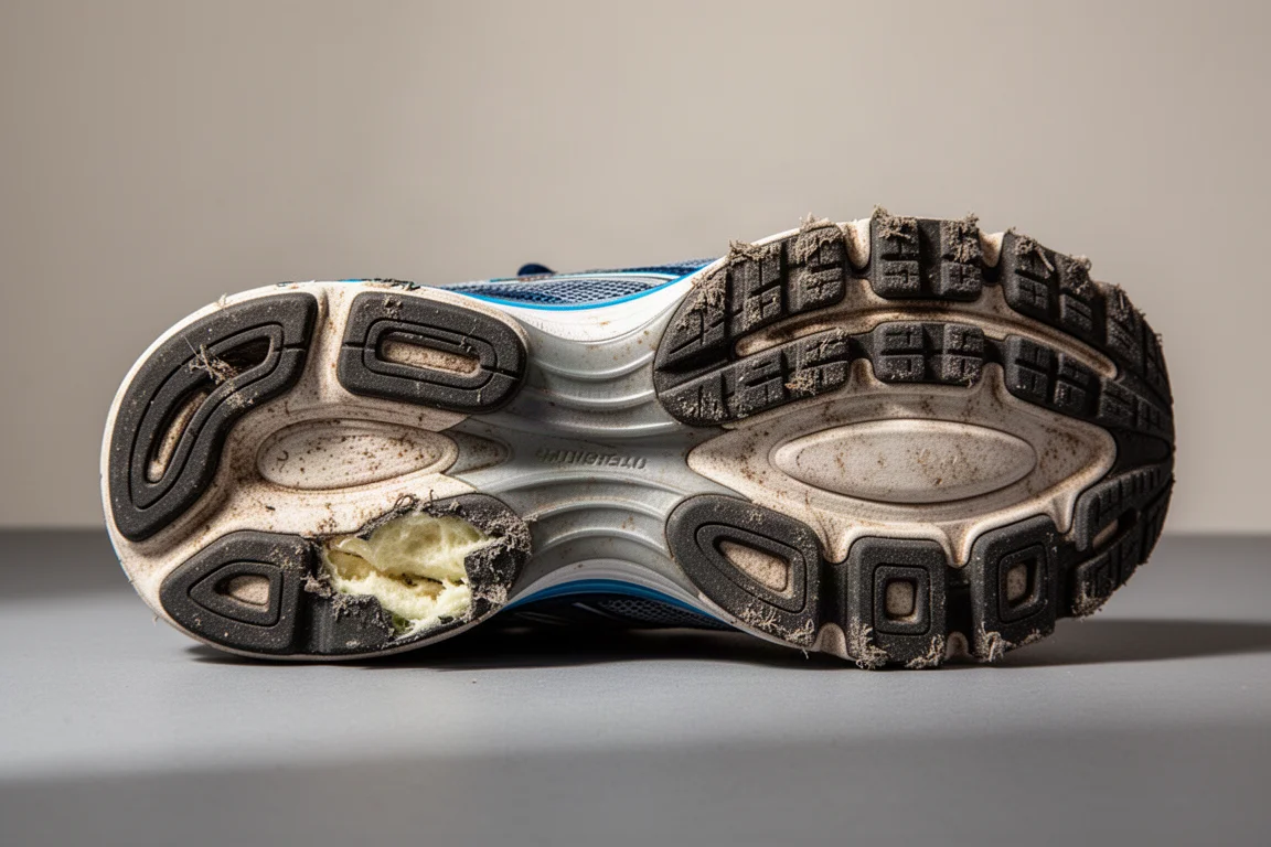 Primo piano della suola usurata di una scarpa da running con schiuma visibilmente esposta