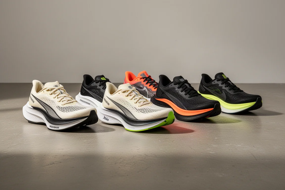Row of seven modern running shoes on a concrete studio floor