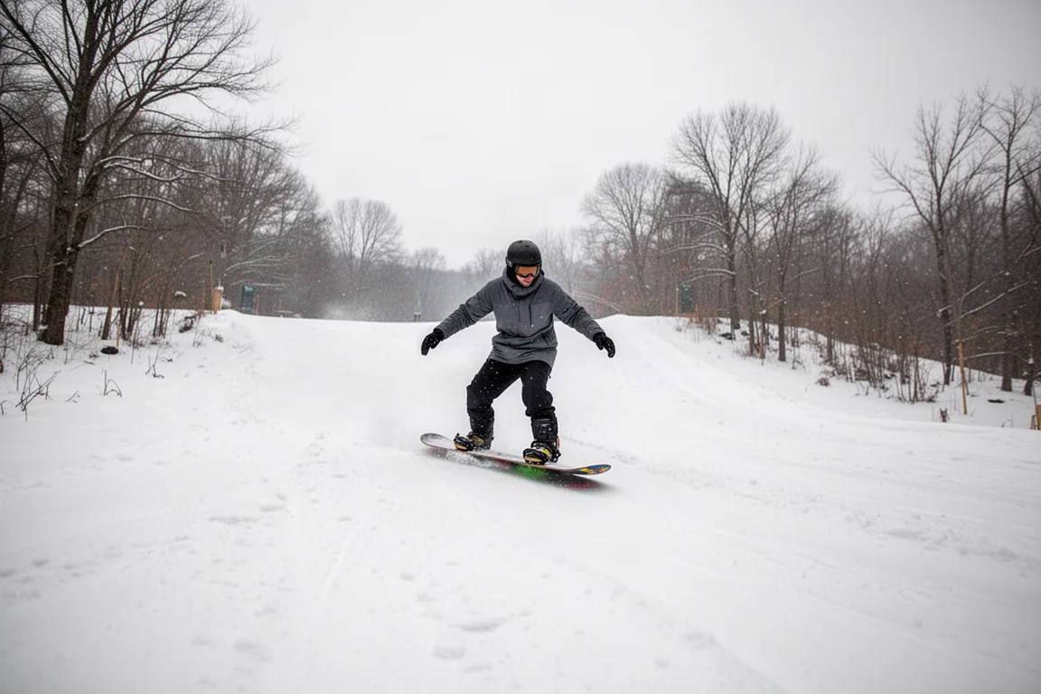 A snowboarder riding down a gentle snowy sled hill on a small budget snowboard