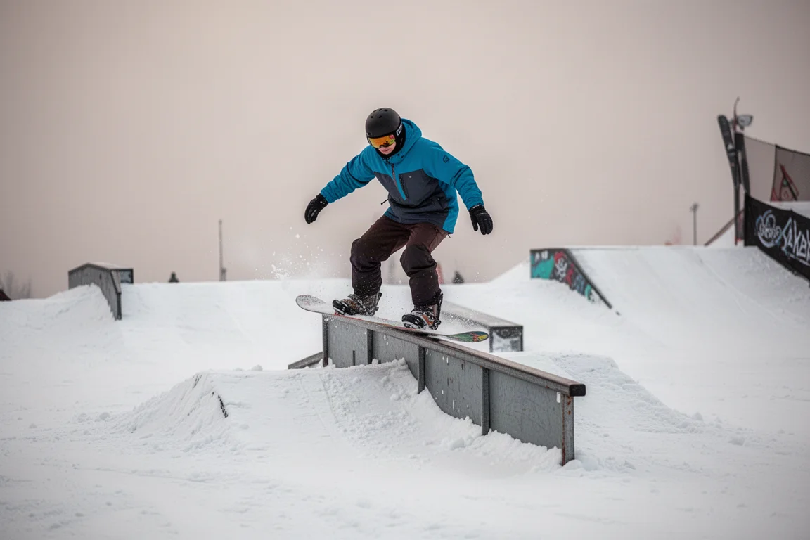 A snowboarder sliding a metal rail at a small DIY snow park