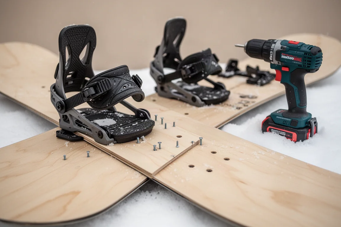 Close-up of snowboard bindings being mounted onto a plywood snowboard with screws