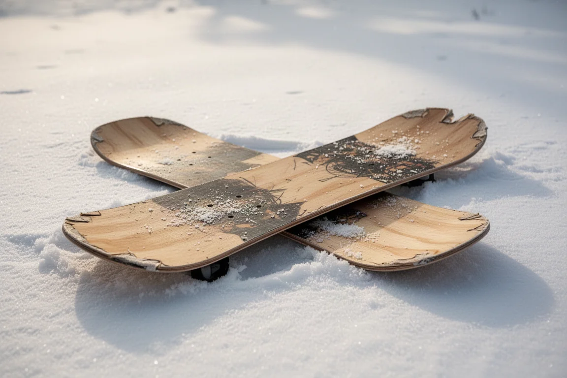 A small plywood snowboard resting on snow with visible wear on the top sheet