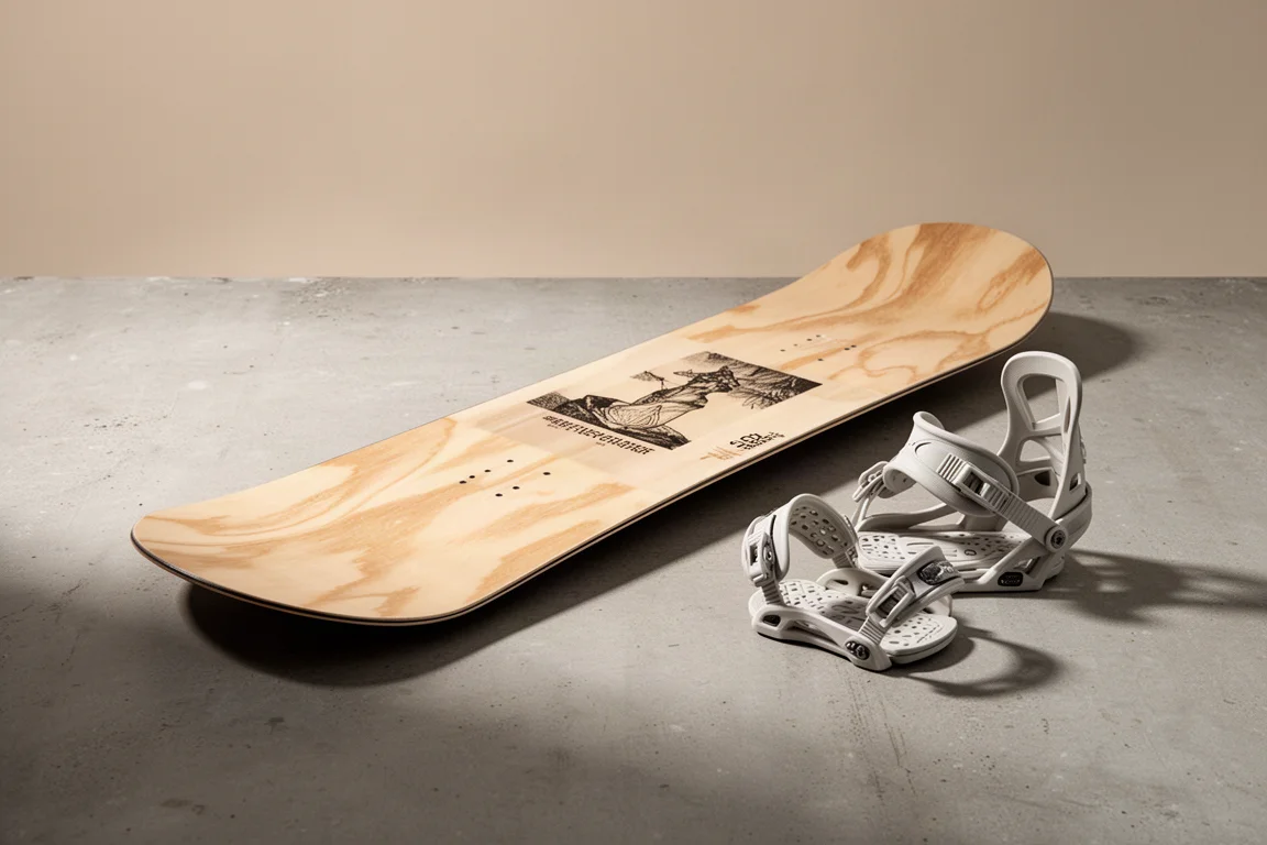 Un piccolo snowboard in compensato con attacchi in plastica su una superficie di cemento