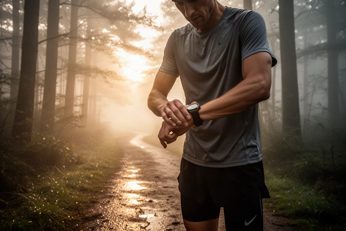 Corredor conferindo um relógio esportivo GPS em uma trilha com neblina ao amanhecer