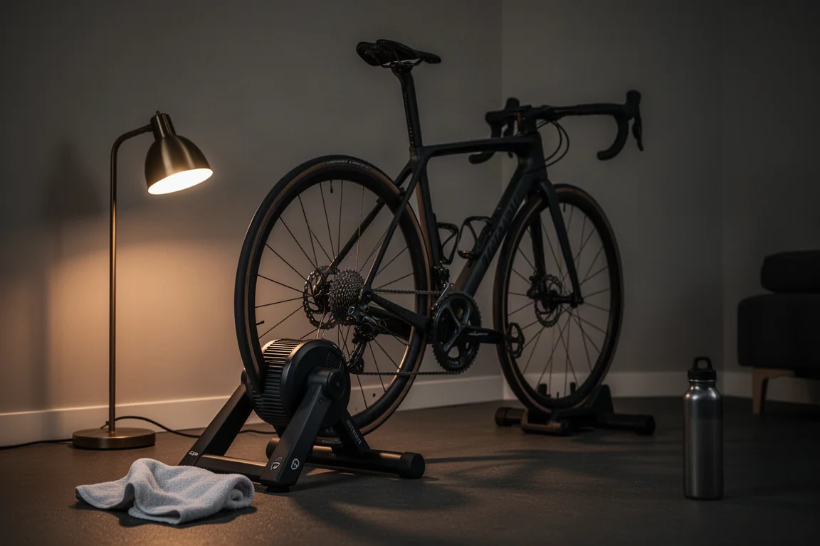 Montagem de ciclismo indoor com um rolete inteligente em uma academia doméstica escura