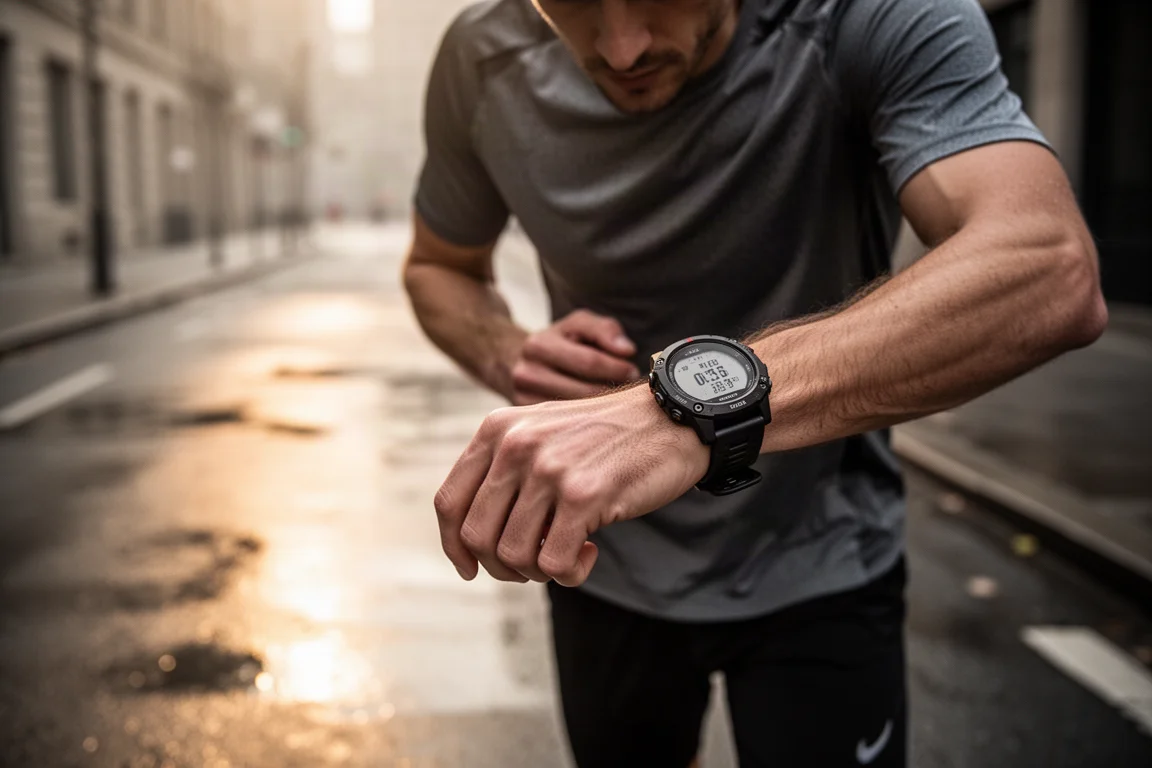 Un corridore controlla un GPS sport watch in una strada cittadina alla luce del mattino