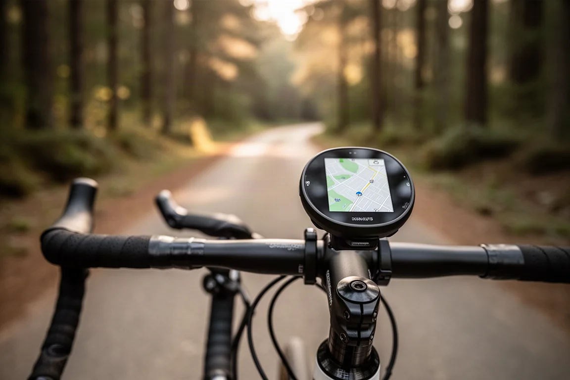 Computer GPS da bici montato sul manubrio di una bici da corsa durante un'uscita