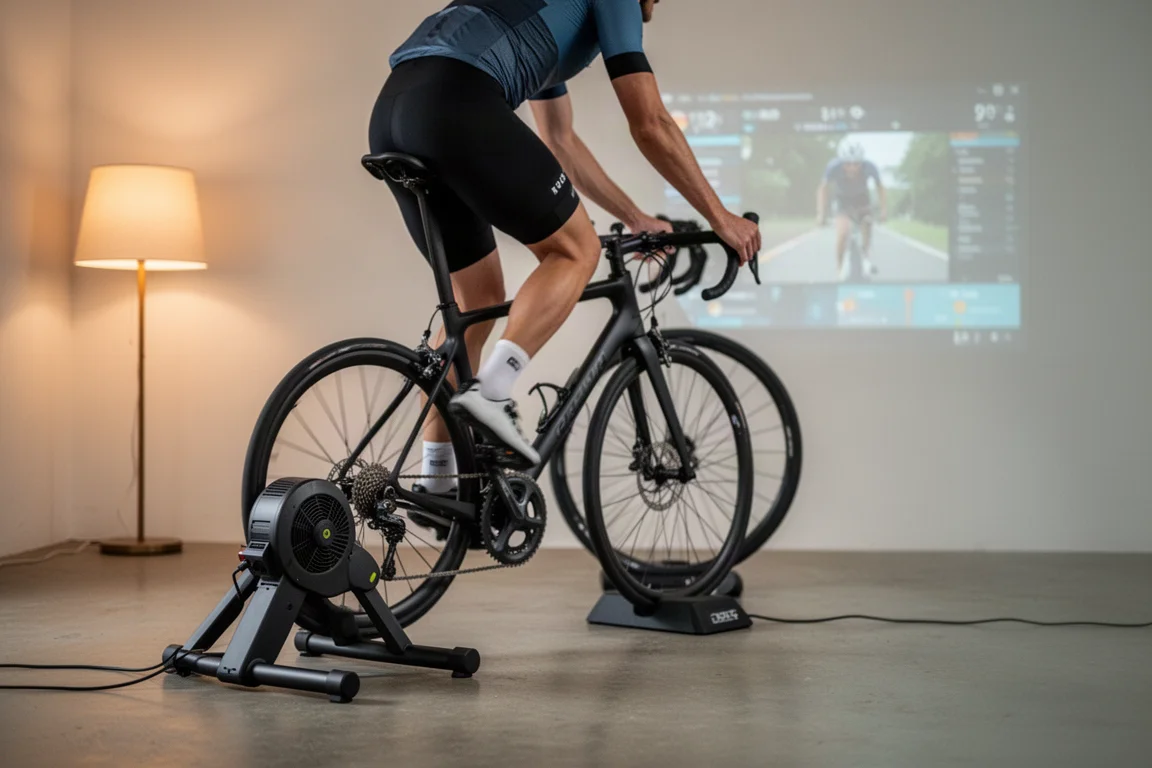 Un ciclista pedala su uno smart trainer indoor in uno spazio di allenamento domestico