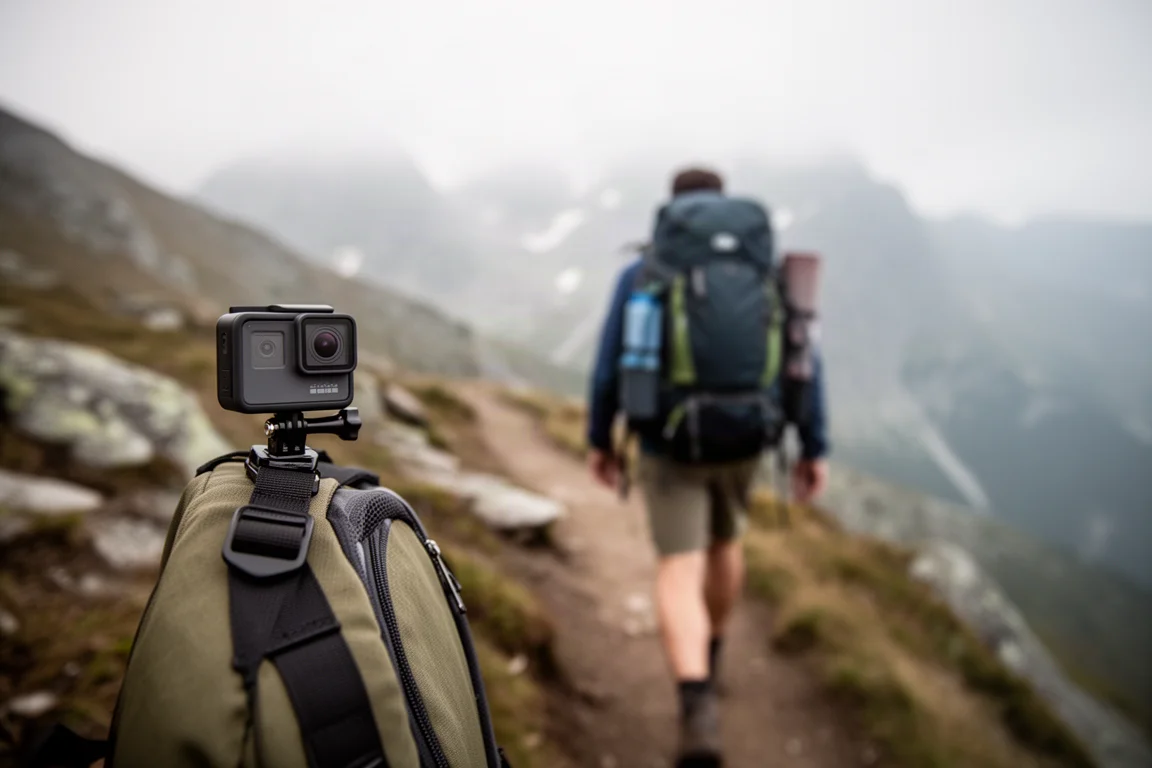 Action camera compatta montata su una cinghia di uno zaino su un sentiero di montagna
