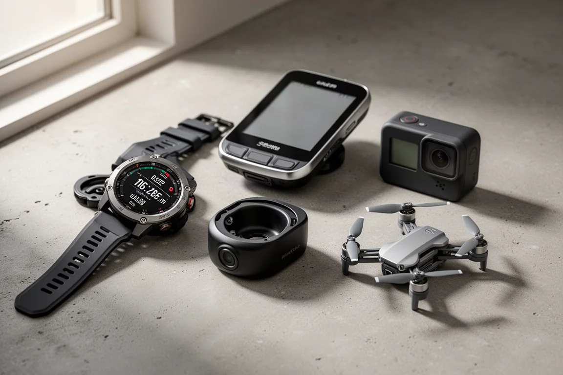Disposizione in orizzontale di dispositivi tecnologici sportivi tra cui uno smartwatch, un computer da bici, un'action camera e un drone su cemento