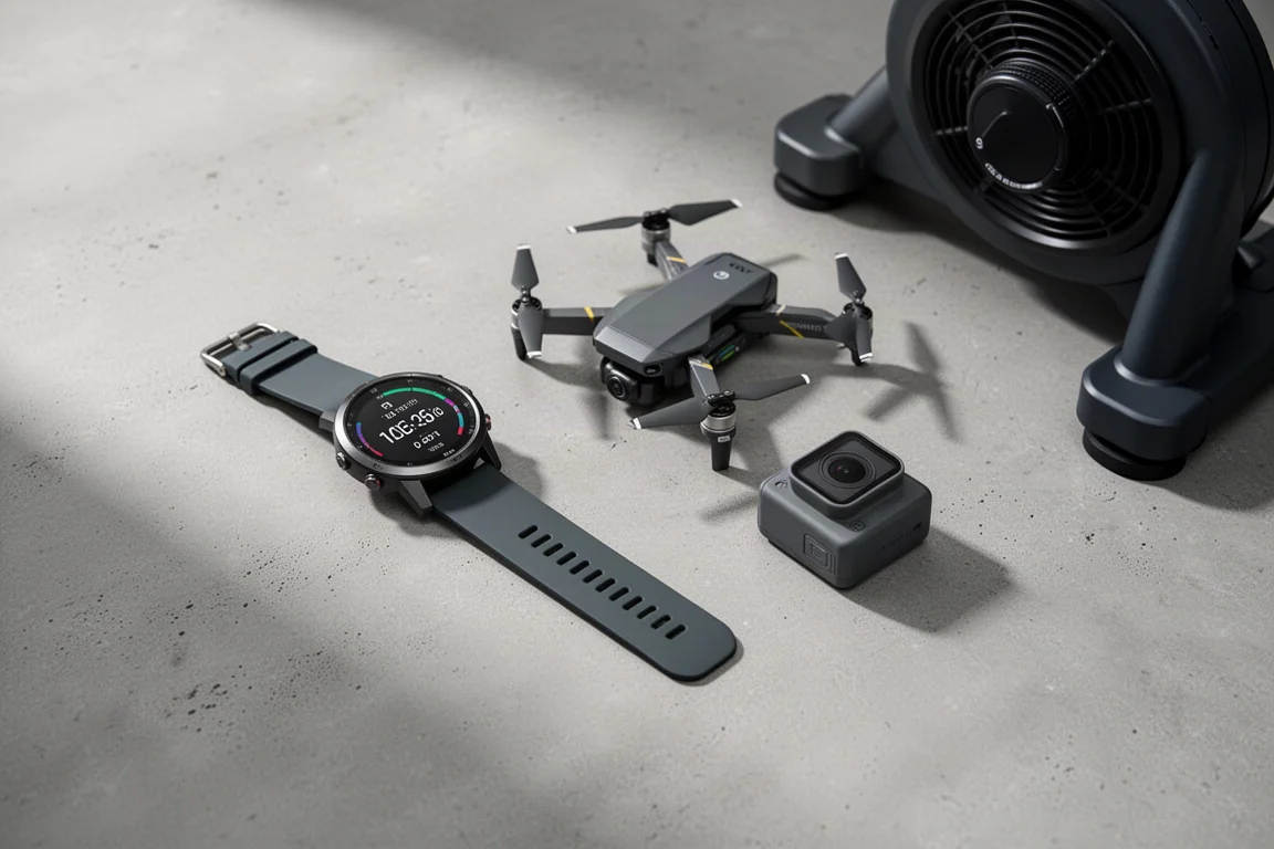 Sportuhr, Drohne, Actionkamera und Smart Trainer auf einer Betonoberfläche arrangiert
