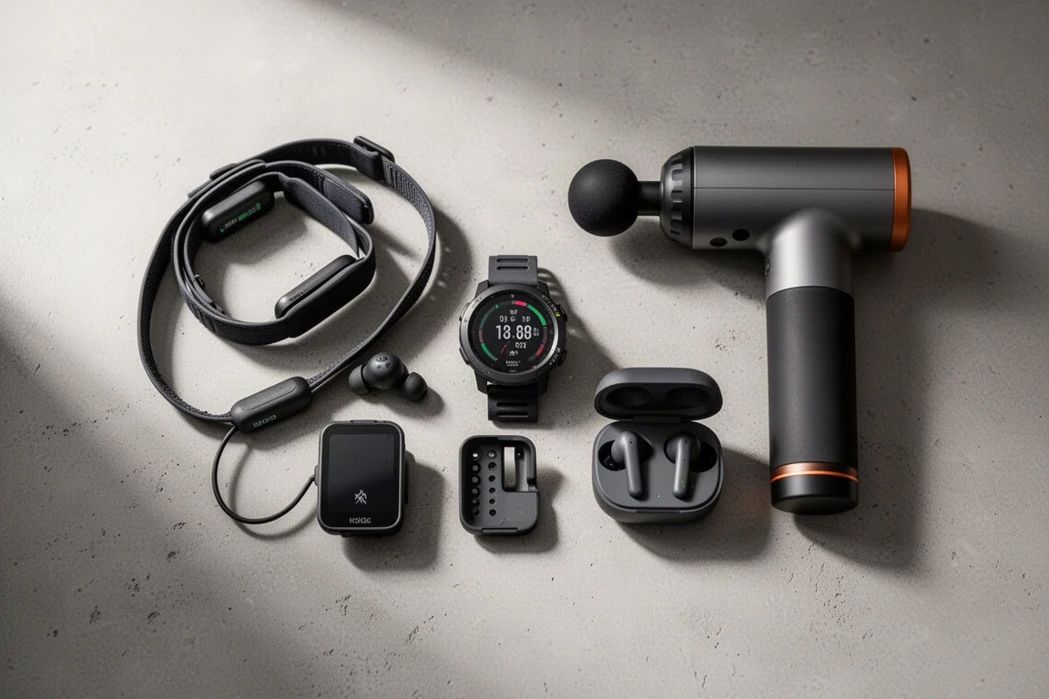 Flat-lay of sports tech gifts including a watch, heart rate strap, bike computer, earbuds, and massage gun