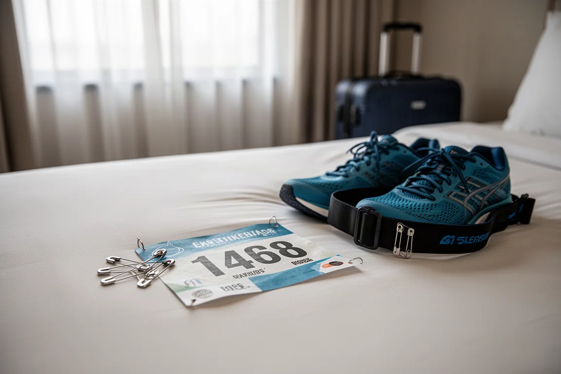 Runner che attacca un pettorale a una maglietta in una camera d'hotel la mattina di una maratona